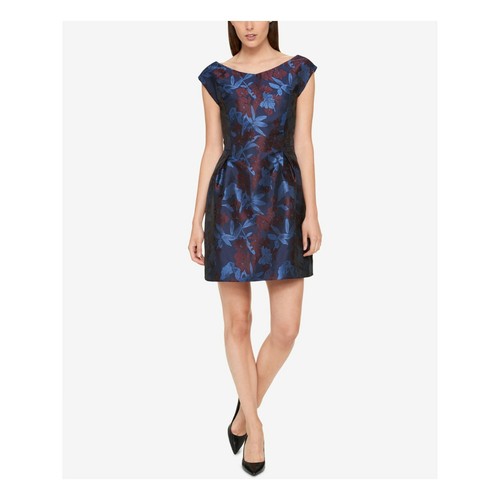 Tommy Hilfiger, Tommy Hilfiger Womens Size 2 Capped Sleeve Floral Print Satin A Line Dress Blue