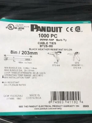 PANDUIT BT2S-M0 Dome-Top® barb ty cable tie 8 inch / 203mm length - 1000 pack