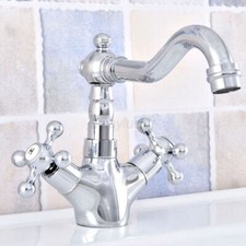 Polished Chrome Cross Handle Bathroom Faucet Swivel Spout Sink Mixer Tap wsf659