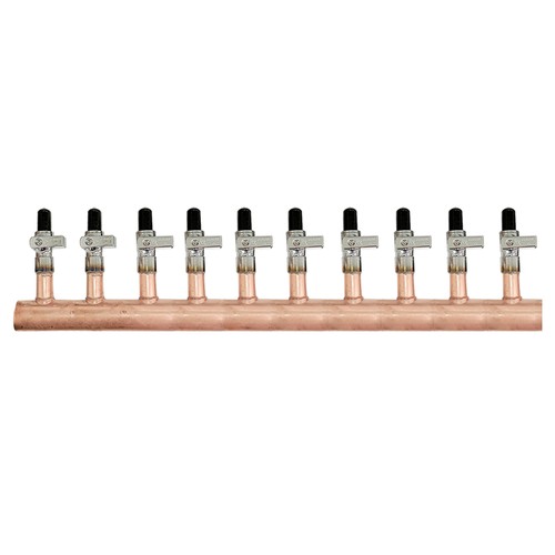 10 Loop 1" Copper Radiant Manifold w/ 1/2" Pex Crimp Mini-Ball Valve Fittings