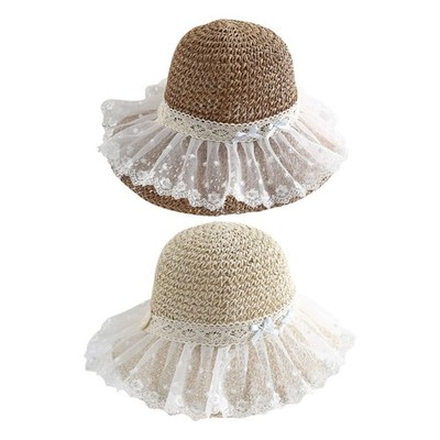 Wide Brimmed Straw Hat For Women Lace Mesh Accent Summer Beach Vacation