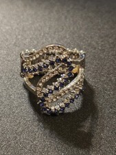 Silver Tone Bright Blue And Diamond Rhinestone Stretch Ring