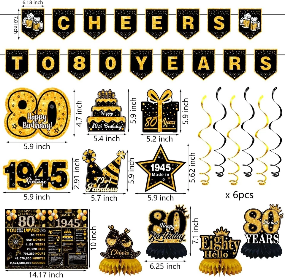 Decoraciones de cumpleaños 80 para hombre mujer, 22 piezas en 1945 oro negro 1945  Foto 2 de 4