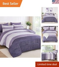 King Comforter Set Microfiber Bedding 7 Piece Bed in a Bag Striped Purple