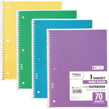Spiral Notebook, 4 Pack, 1-Subject, Wide Ruled Paper, 7-1/2" x 10-1/2", 70 Sheet