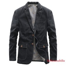 Men's Denim Blazer Casual Suit Jacket Distressed Cotton Jeans Coat Outwear Slim