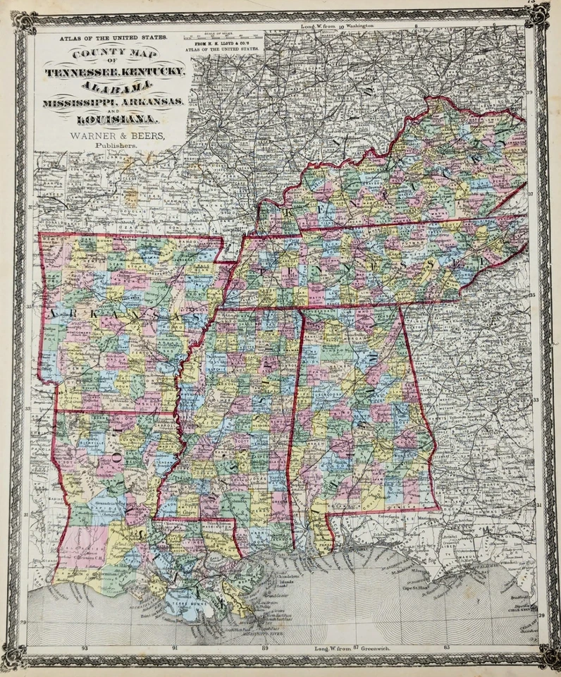 Mapa 1875 TENNESSEE KENTUCKY LOUISIANA ARKANSAS ALABAMA MISSISSIPPI - Original  Foto 3 de 4