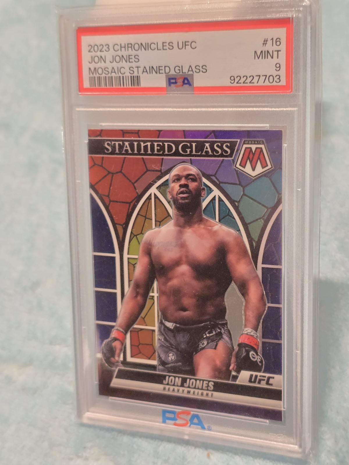 2023 Chronicles UFC Jon Jones Mosaic Stained Glass PSA Rated 9 Collectible Card view 3