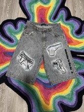 Y2K Vintage Denim Shorts Baggy Grey Streetwear Gun Patch Embroidered Skater 34W