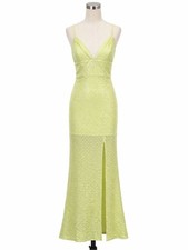 Line & Dot Sequin Maxi Gown Plunge V Neck Slit Spaghetti Strap Lime Green XS NEW