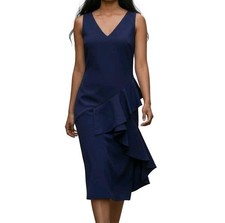 Eliza J Sheath Dress Size 16 Navy Cascading Asymmetric Ruffles Sleeveless V Neck