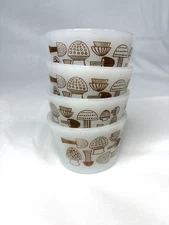 Glasbake Ovenware Custard Cups Brown Mushrooms Ramekin Milk Glass Set of 4