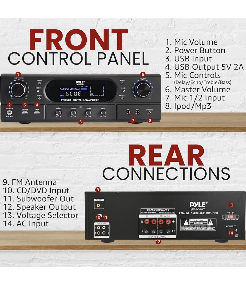 Pyle PT90UBT Home Theater MP3/USB/FM Radio Bluetooth 2-Channel Receiver Ge1 - Image 2 of 4