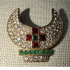 Masonic Jeweled Crescent and Cross brooch Gold Tone Red Green rhinestones — photo 1