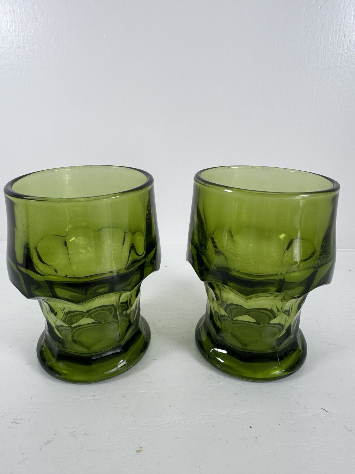 Vintage Avocado Green Pressed Glass Goblets Set of 2 Mid Century Barware