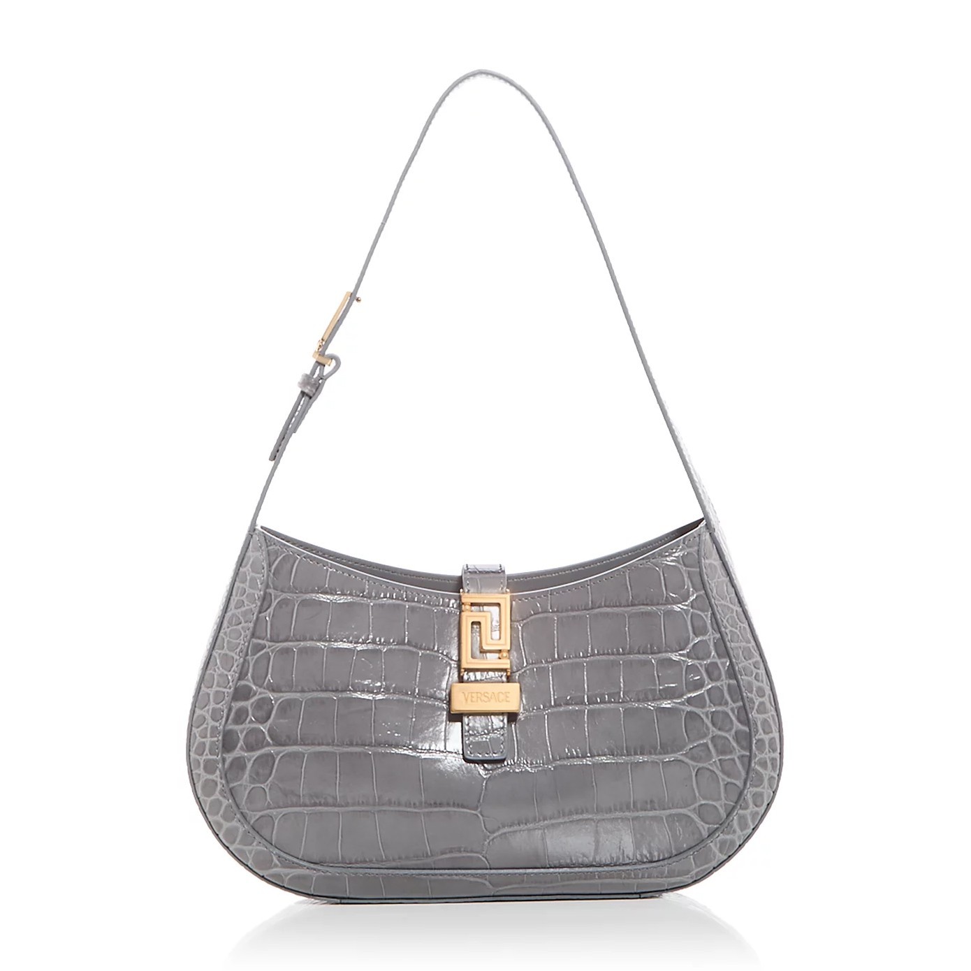 Versace Greca Croc Embossed Leather Shoulder Bag – Gray