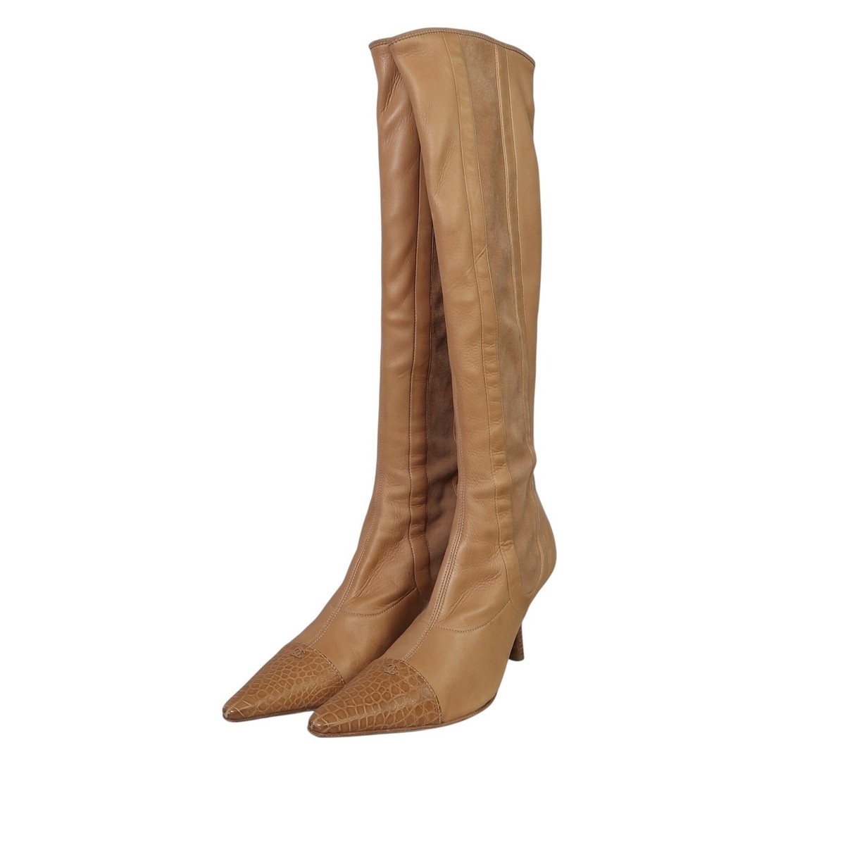 Vintage Chanel Tan Leather Pointed Toe Knee High Heeled
