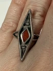 VTG Sterling Silver Coral Inlay Elongated Diamond Shaped Ring Navajo Size 6