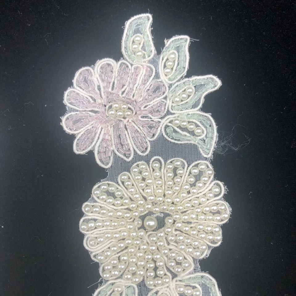 Apliques de cuentas florales combinados vintage de 2 piezas 7" x 2" rosa verde blanco con perlas Foto 4 de 4