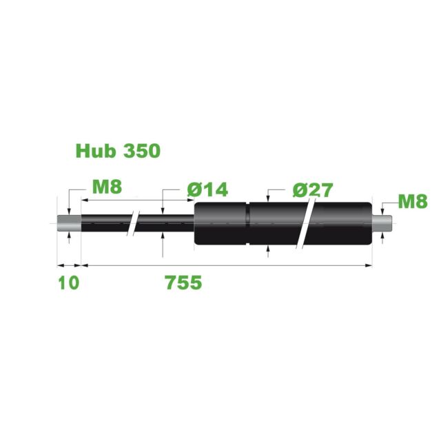 Gasdruckfeder Lift Haubenheber Hub=350 Länge 755 600N Ø 14/27 mm - Made in EU Gasdruckfeder Lift Haubenheber Hub=350 Länge 755 600N Ø 14/27 mm - Made in EU