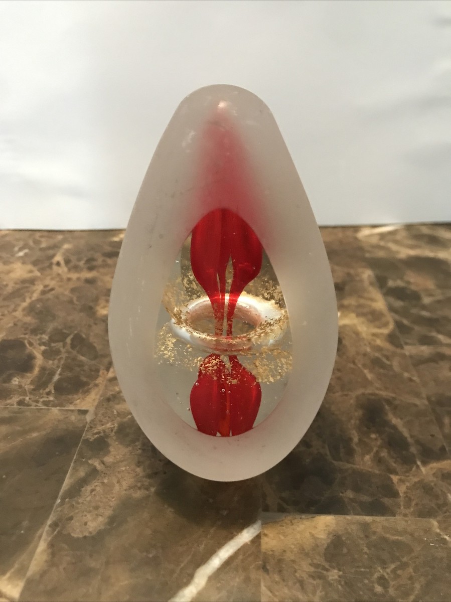 Vintage Handblown Murano Egg Shape Glass Paperweight 5.5” Red And