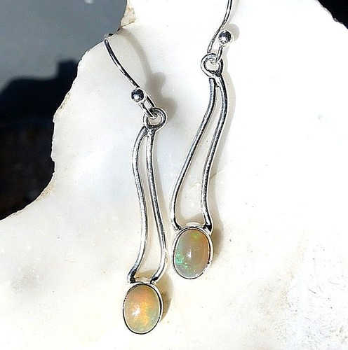 Ohrhänger Lang Oval Welo Opal Weiß Feuer Modern Silber Ohrringe Elegant Design - Bild 5 von 10