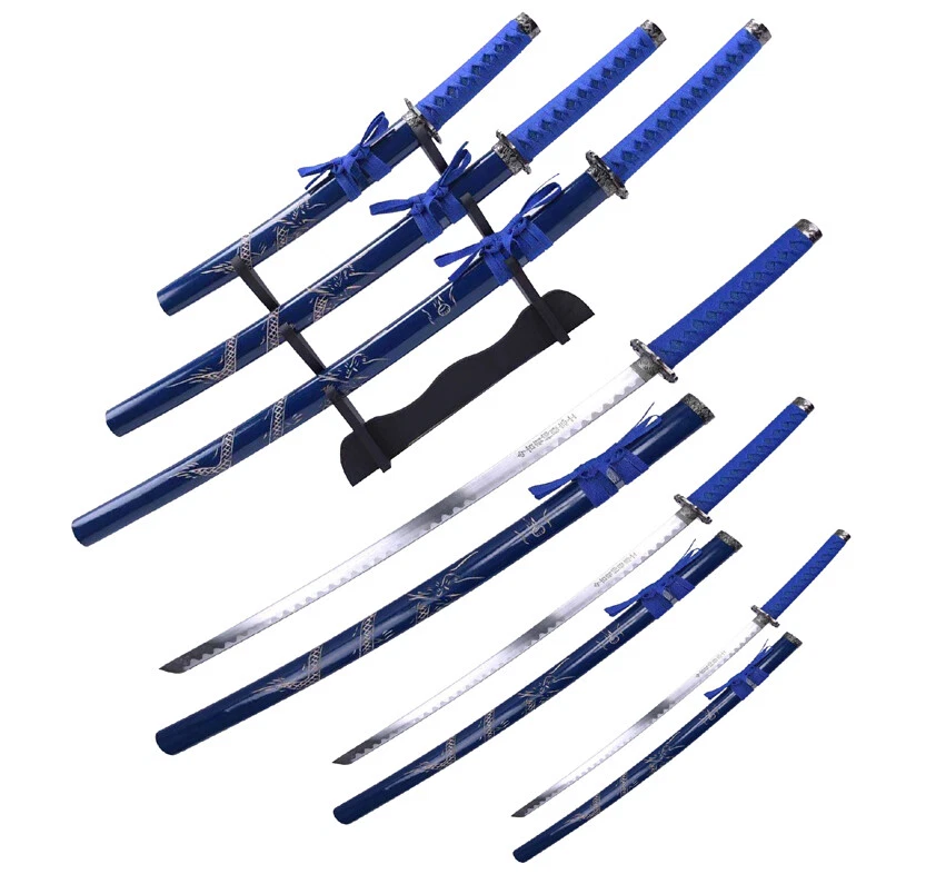 Juego de espadas Katana samurai japonesa de 3 piezas funda de madera grabada dragón con soporte Ni Foto 4 de 4