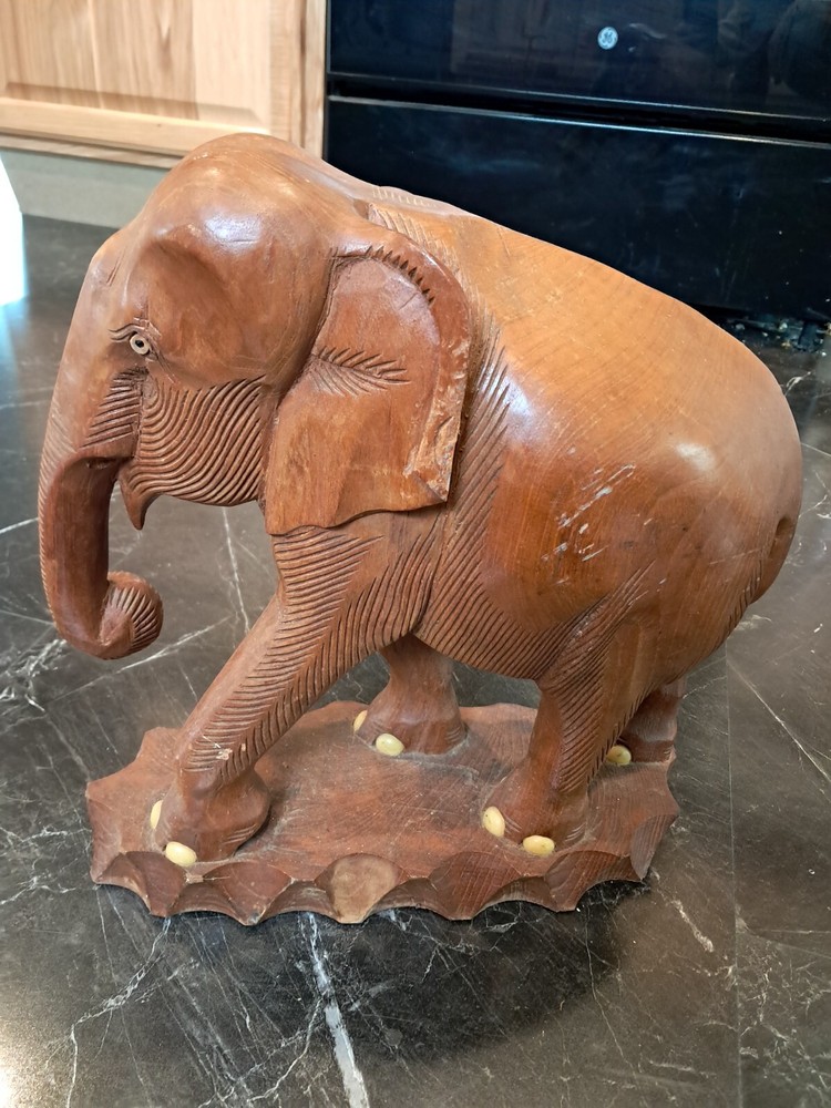 Vintage Hand Carved Solid Wood Indian Elephant Sculpture