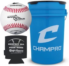 CHAMPRO CBB-40 Genuine Leather Cover Baseballs in a Blue Bucket – 30 Balls