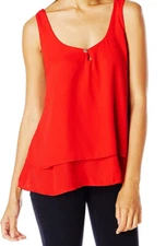 LucyLove Women's Two-layers Front Key-hole Fly Away Loose Tank Top, Solid Red, S