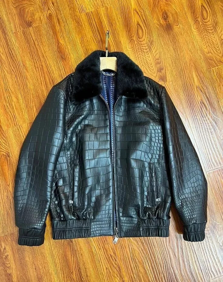 Men's Black 100% Real Leather Crocodile Print Bomber Jacket Faux Fur Jacket Coat