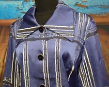 Chico's Sz 2 Blue Silver Vertical Threads 3/4 Sleeves Jacket Button Front Blazer