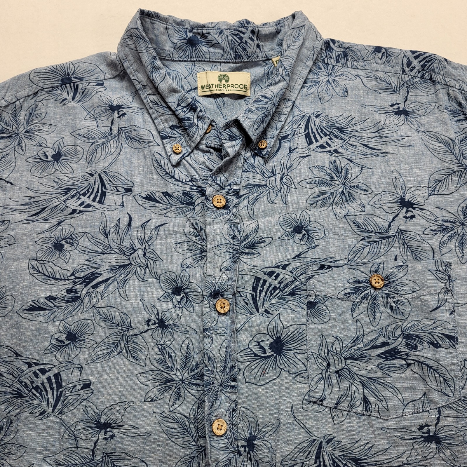 Weatherproof Hawaiian Button Down Shirt Men XXL Blue Floral Linen Cotton