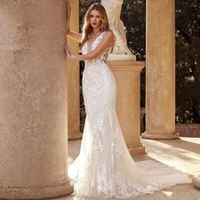 Mermaid Wedding Dresses for Women Button Court Train Lace Appliques