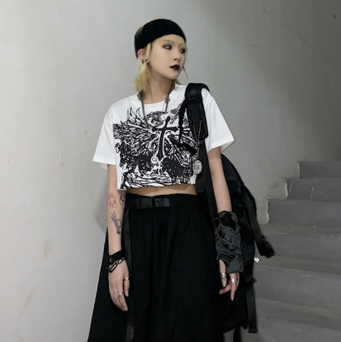 Gothic Punk Cross Loose Crop Top Emo Tee Grunge Streetwear Graphic Print T Shirt Ebay