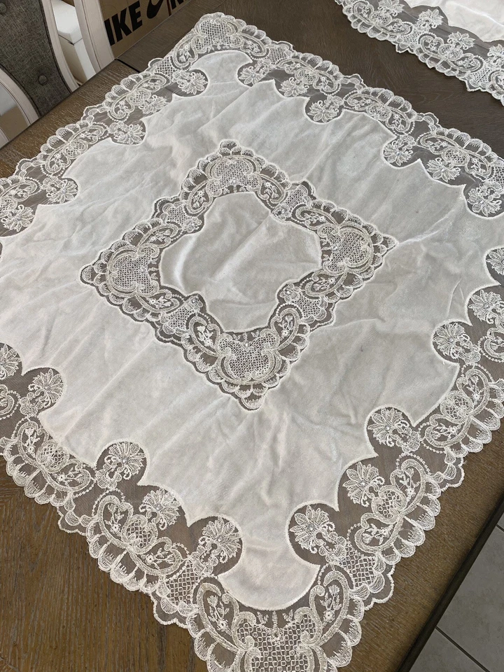 home decor table covers 4 pieces set Velvet Tablecloth ,Bead embroidery , White - Image 2 of 4