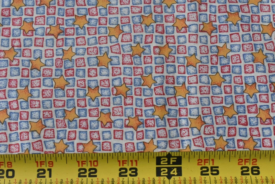 By 1/2 Yd, Gold Stars Red Blue Squares Cotton, Henry Glass/Smith/Milligan, M7605 - Image 2 of 4
