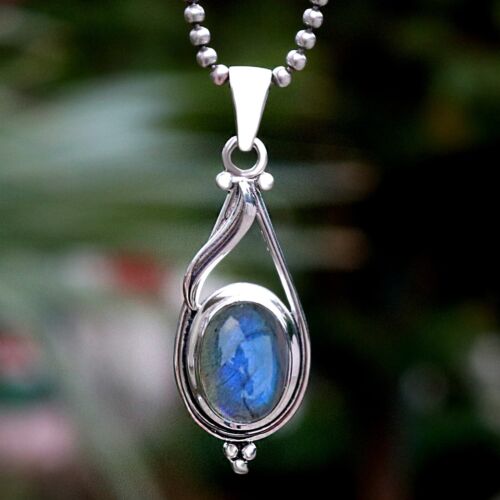 Natural Blue Labradorite Handmade Sterling Silver Pendant Jewelry Gift for Her - Picture 2 of 8
