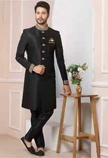 Hand Embroidered Art Silk Sherwani in Black