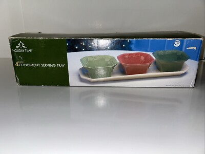 New Holiday Time 4-Piece Condiment Serving Tray, Durable Fire Glazed Stoneware