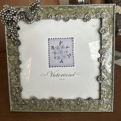 Victoriana Picture Frame Enamel Inlay With Bejeweled Flowers And Bird 5 X 5