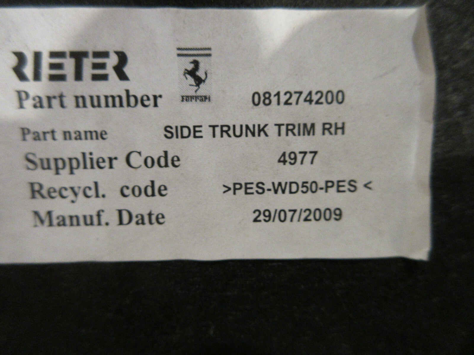 Ferrari California RH Lateral Cover For Luggage Compartment - P/N 81274200