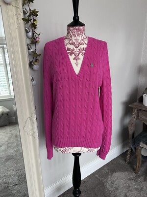Ralph Lauren Women's Pink V Neck Cable Knit Jumper Size L RL