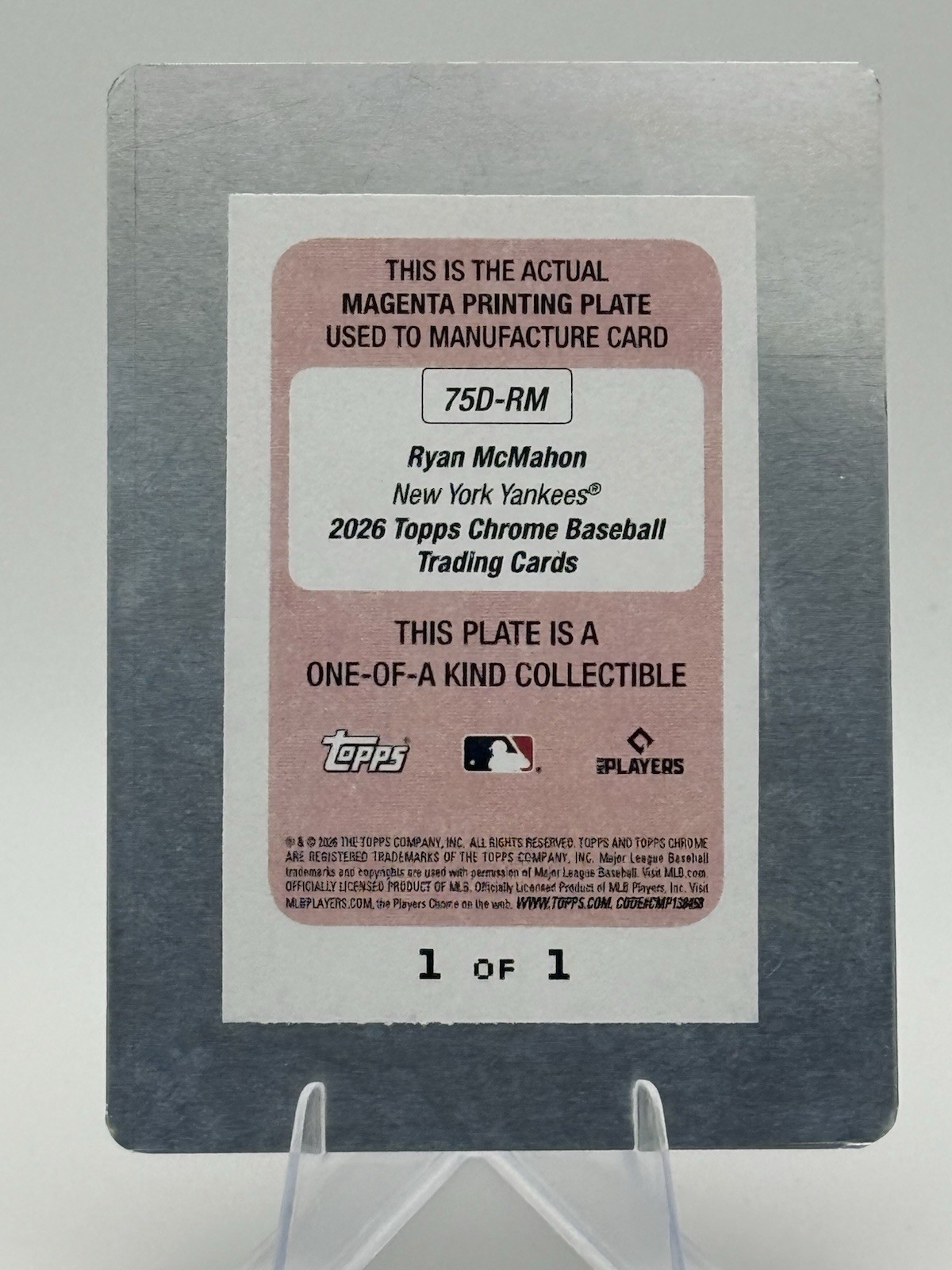 2026 Topps Chrome Ryan McMahon 75th Diamond Auto Magenta Printing Plate 1/1 view 2
