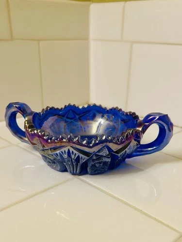 Vintage L.E. Smith Quintec Cobalt Blue Iridescent Carnival Glass Handled Bowl