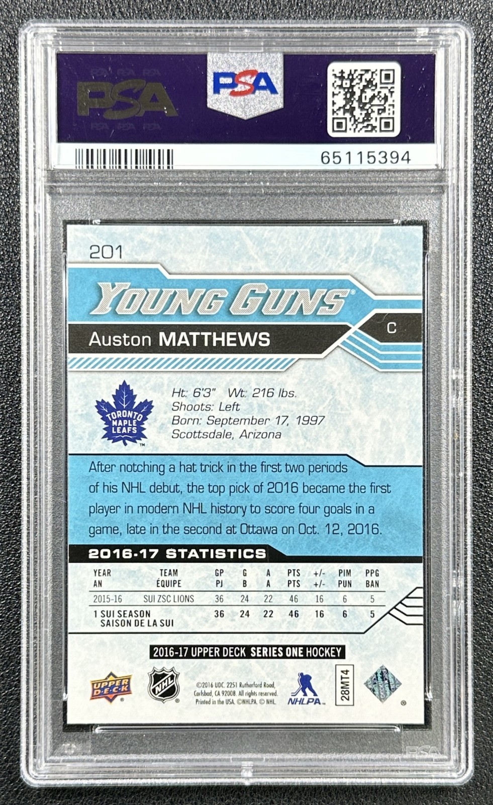 AUSTON MATTHEWS PSA 10 2016-17 UPPER DECK #201 ROOKIE YOUNG GUNS RC 5394 view 2