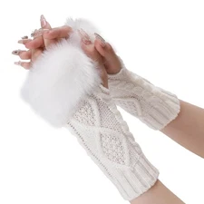 CABODYALS 2 Pairs White Furry Fingerless Gloves Arm Warmers Fluffy Winter Kni...