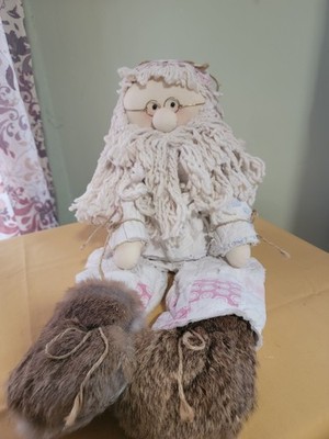 Handmade Fabric Santa Figurine w/ Yarn Beard  rabbit  Fur Boots Christmas Decor