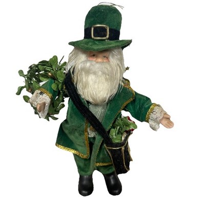 Irish Santa Leprechaun Porcelain Head Hands Feet Green Velvet Suit Coat Hat Bag