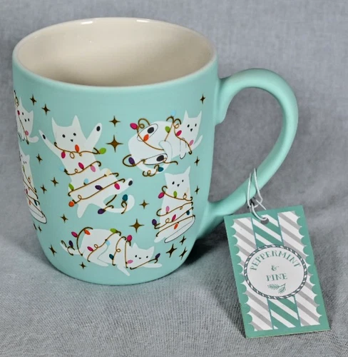 NEW Peppermint & Pine Cat in Christmas Lights Tree Mug Ceramic Soft Coated 12oz